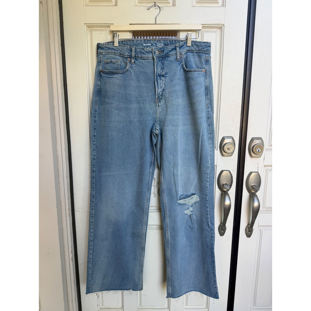 Old Navy Extra High Rise Wide Leg Light Wash Distressed Raw Hem Jeans Size 14